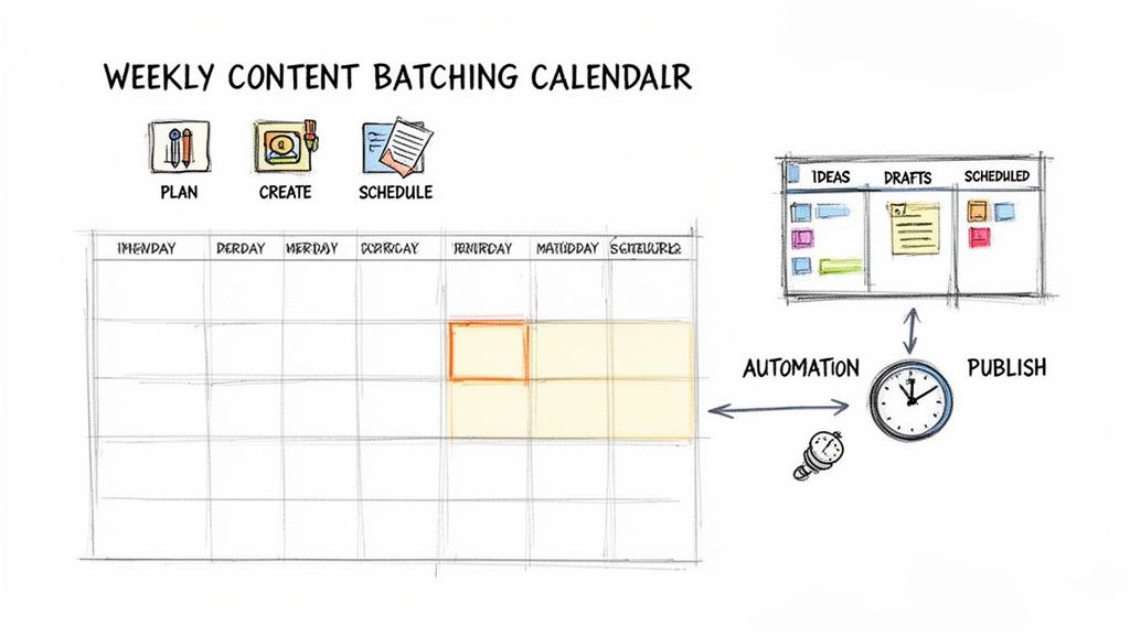Illustration of a weekly content batching calendar, workflow steps (Plan, Create, Schedule), and content publishing automation.
