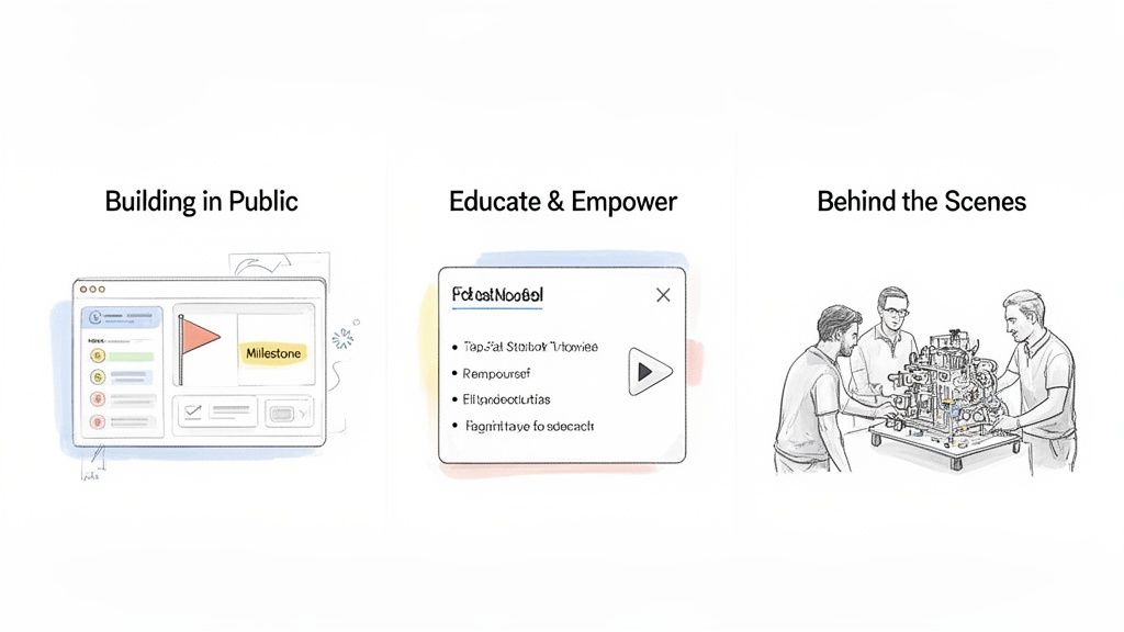 Three illustrations depicting building in public with a milestone, educating users, and teamwork behind the scenes.