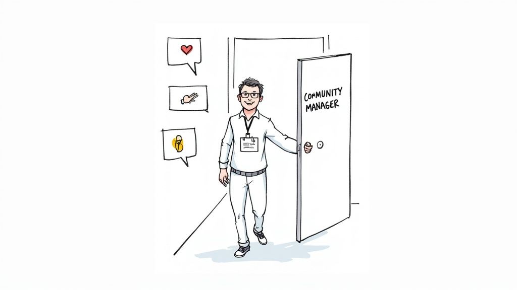 A smiling cartoon Community Manager opening a door with social media engagement icons.