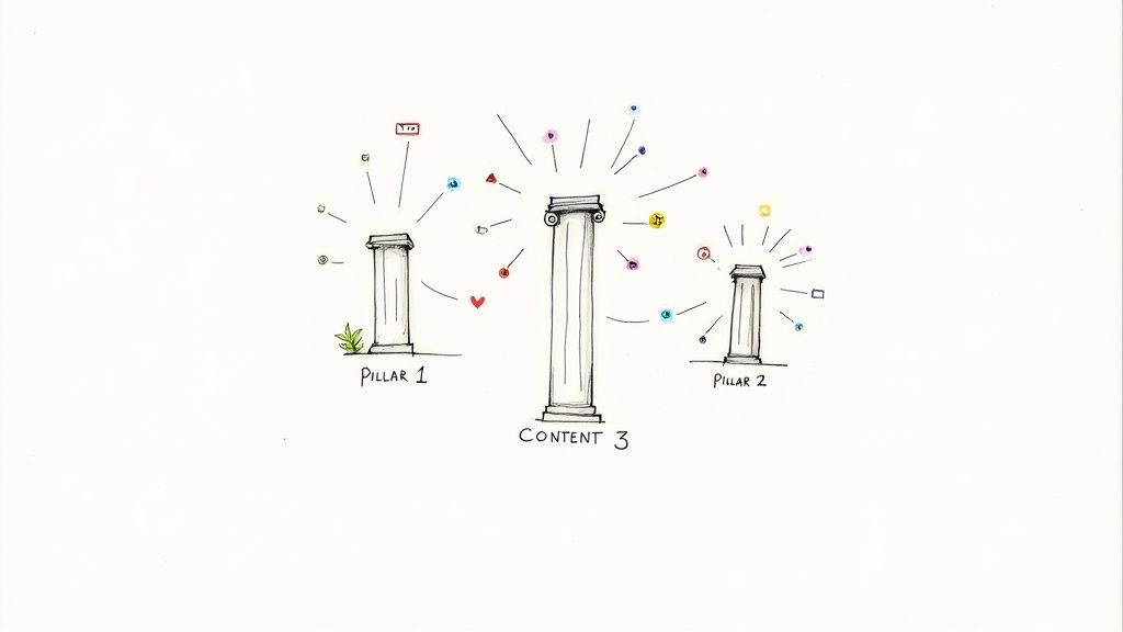Illustration of three pillars, Pillar 1, Pillar 2, and Content 3, radiating colorful icons representing digital content and connections.