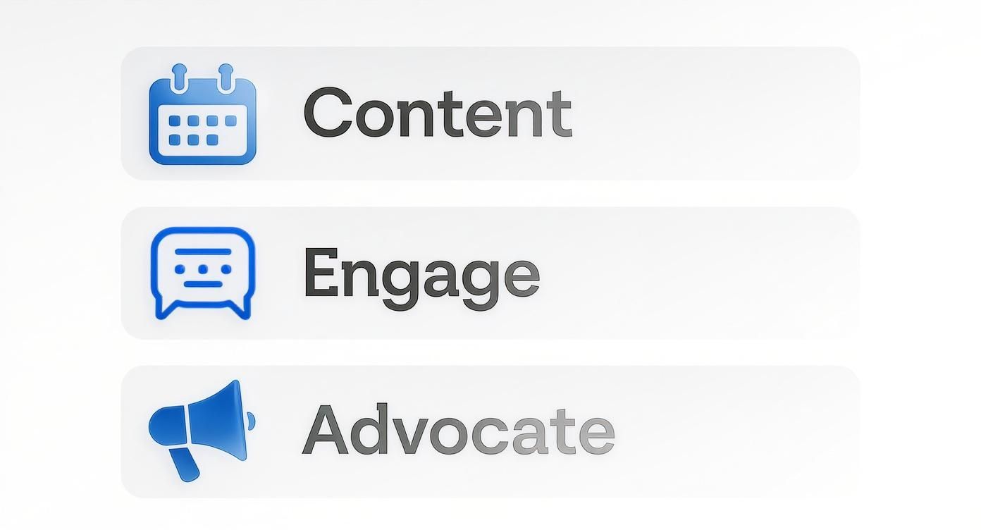 Three white cards with blue icons: Content (calendar), Engage (chat bubble), and Advocate (megaphone).