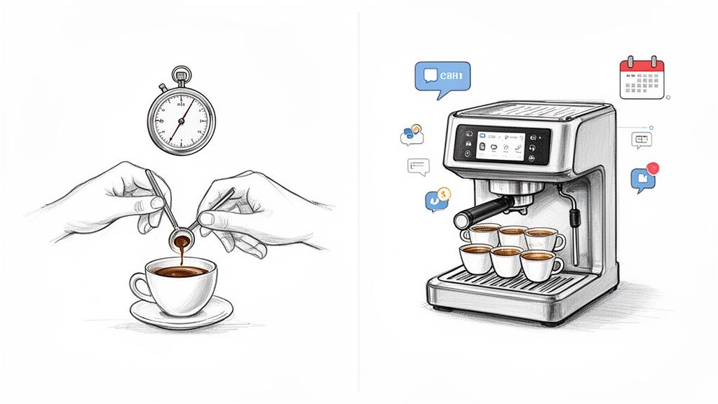 Sketch comparing manual coffee preparation with an automated espresso machine and social media icons.