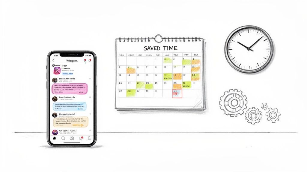 A smartphone with Instagram, a calendar showing saved time, a clock, and gears, representing social media automation.