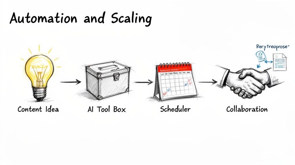 Workflow diagram for content creation: idea, AI tools, scheduler, and collaboration for automation and scaling.