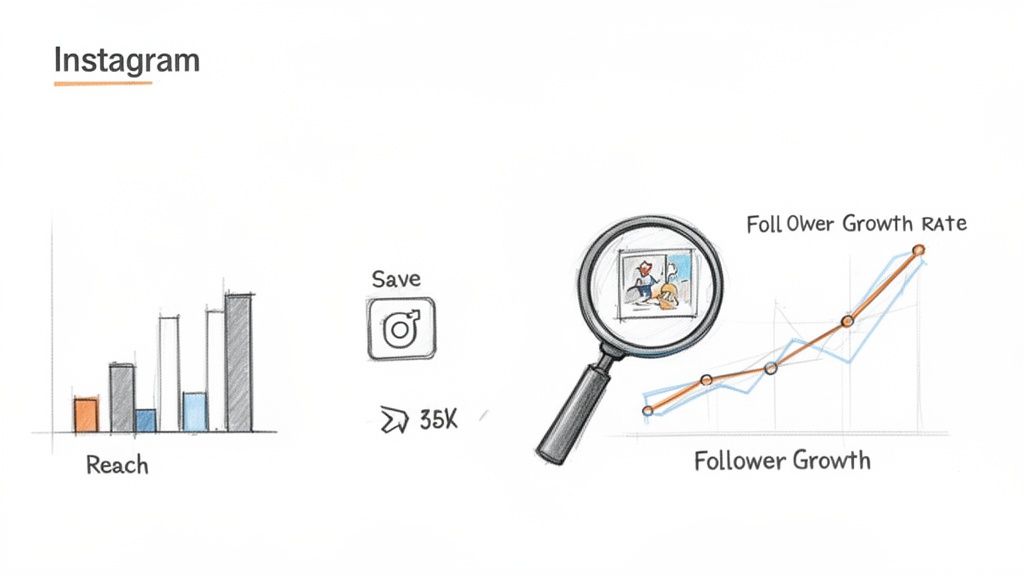 Hand-drawn illustration showing Instagram metrics for reach, saves (35K), and follower growth rate.