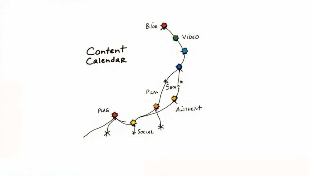 A woman working on a content calendar on her laptop with a cup of coffee nearby