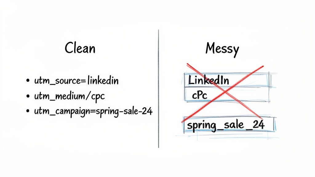 Image contrasting clean, lowercase UTM parameters with messy, inconsistent versions for tracking clarity.