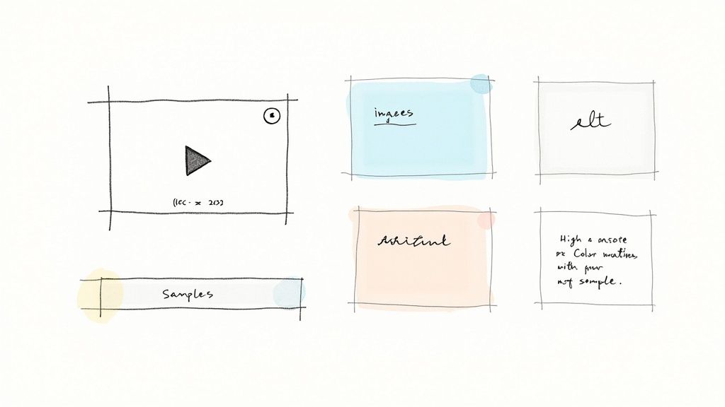 Hand-drawn sketches of UI elements, including a video player, 'Samples' bar, and boxes with content notes.