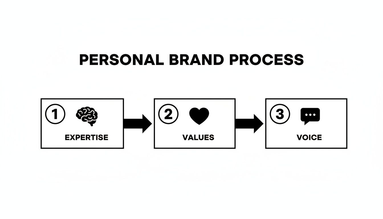 A diagram illustrating the personal brand process with three steps: Expertise, Values, and Voice.