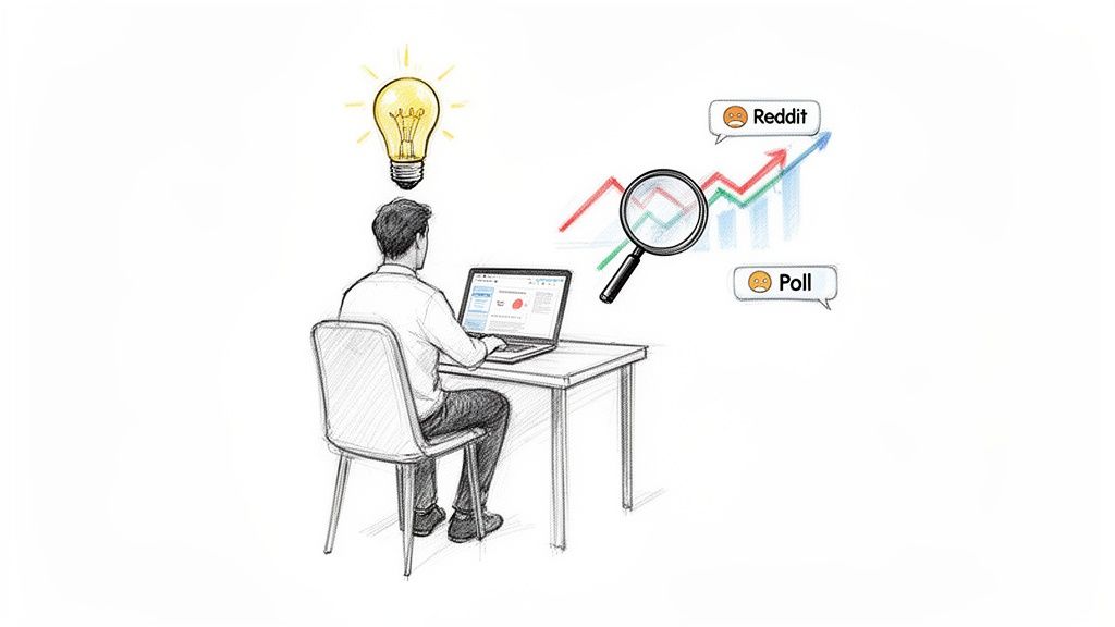 Man gets an idea, researches online using a laptop, analyzing trends and feedback from Reddit and polls.