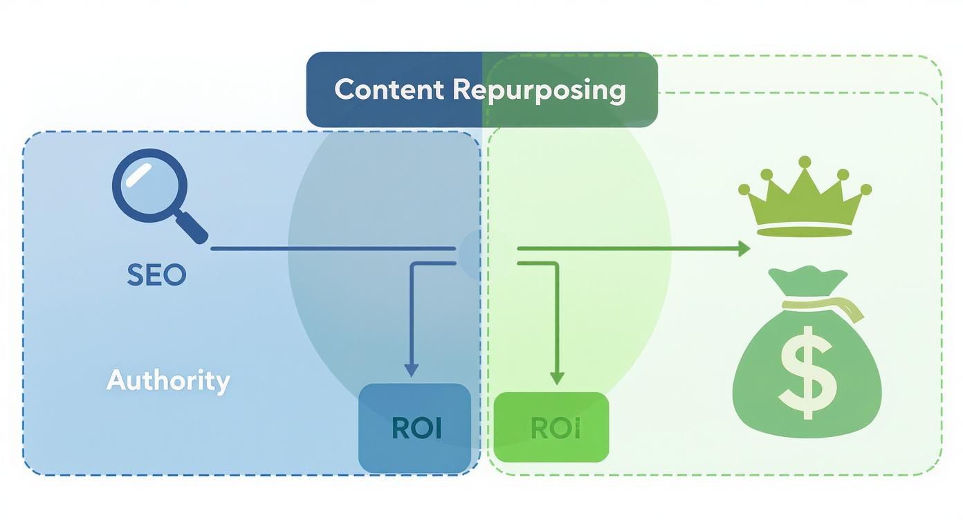 Diagram illustrating how SEO and Content Repurposing contribute to Authority and increased ROI.