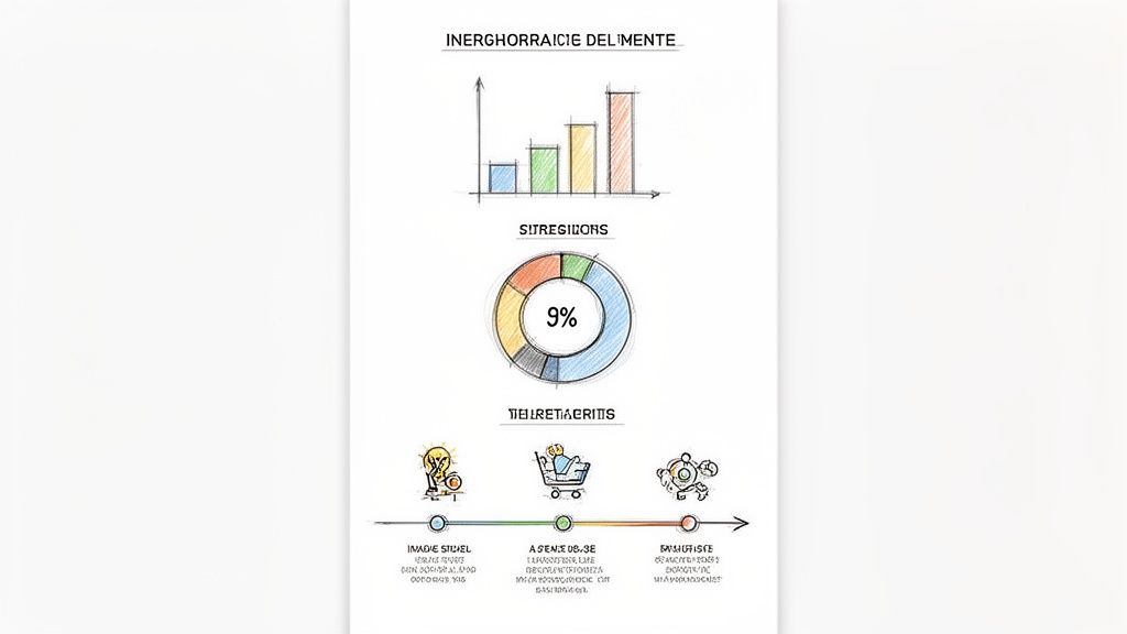 Hand-drawn business charts: bar graph, donut chart showing 9%, and a timeline with icons.