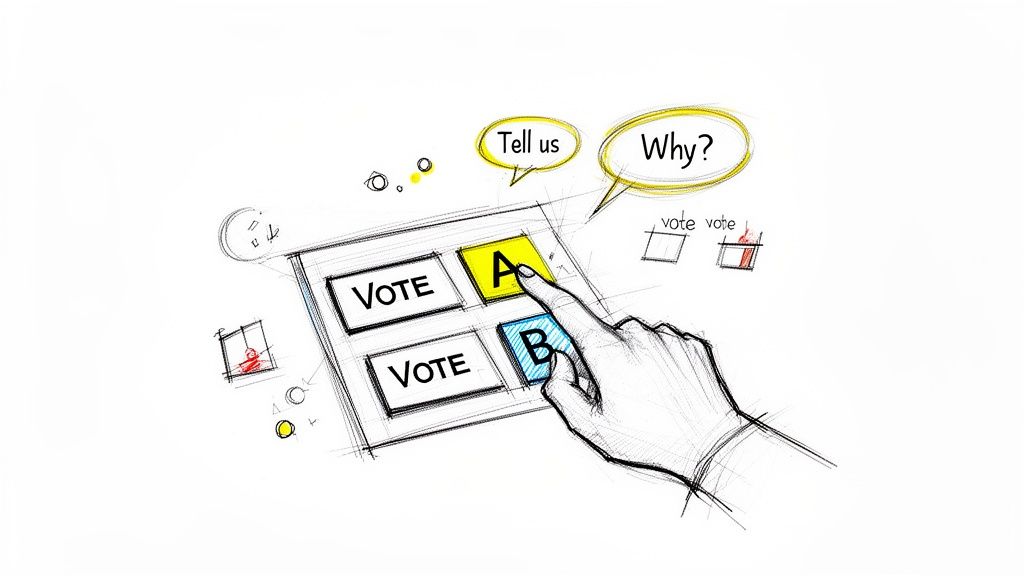 A hand selects option 'A' on a digital voting interface with 'Tell us' and 'Why?' speech bubbles.
