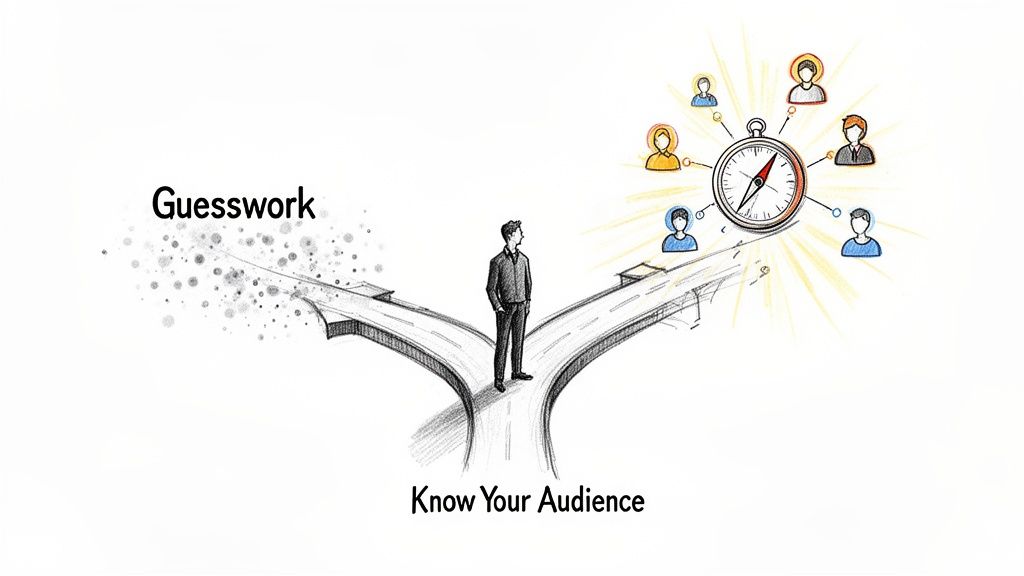 A man stands at a crossroads, choosing between "Guesswork" and "Know Your Audience" with a compass.