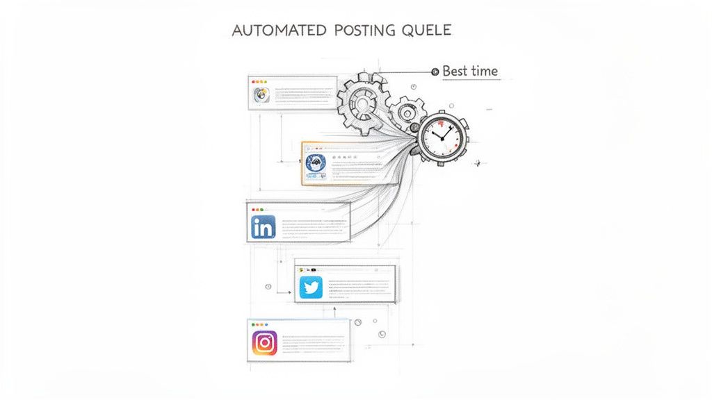 Diagram illustrating automated social media posting across various platforms at the best time.