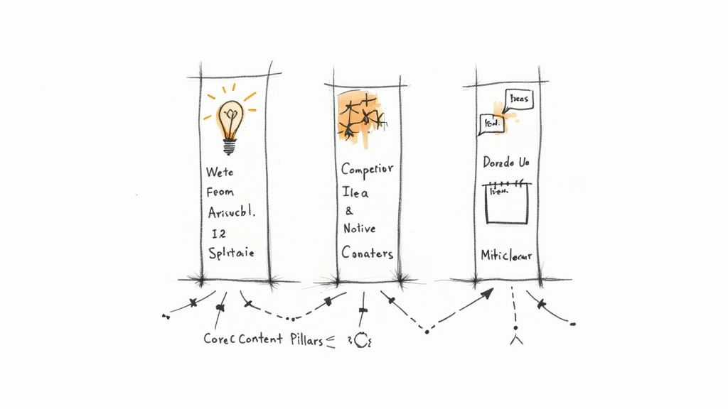 Three content pillars illustrated as banners showing brand story, competitor ideas, and team information