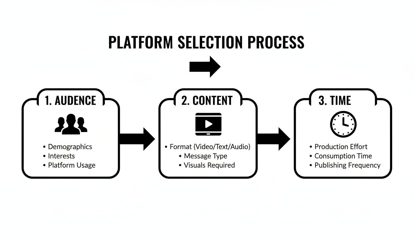 A flowchart outlining the three key steps of the platform selection process: Audience, Content, and Time.