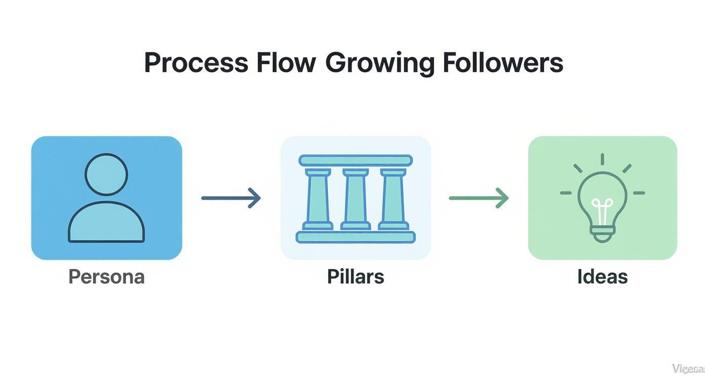 A process flow diagram illustrating steps to grow followers: Persona, Pillars, and Ideas.
