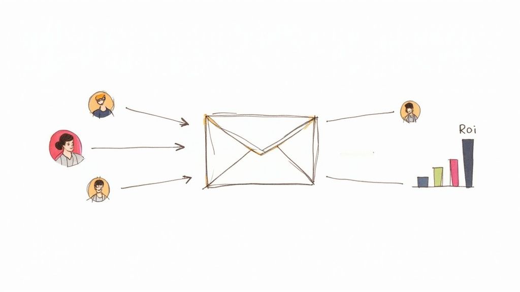 A visual diagram showing users sending emails, processed by an envelope, leading to positive ROI.