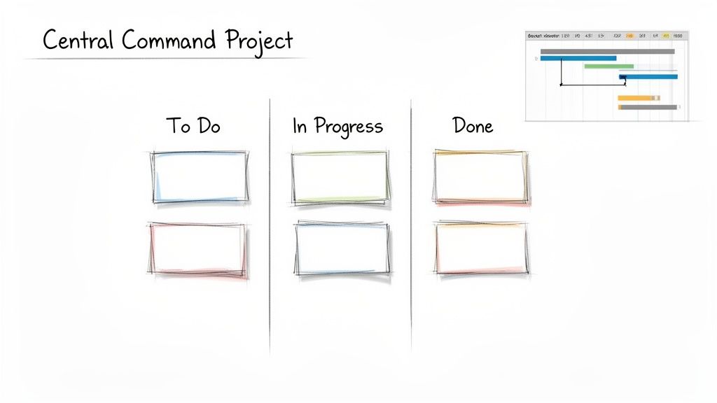 Hand-drawn 'Central Command Project' board with To Do, In Progress, Done columns and a Gantt chart.