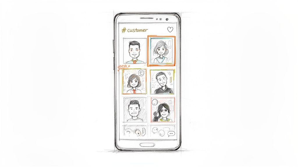 Hand-drawn sketch of a smartphone displaying a social media feed with customer profile avatars.