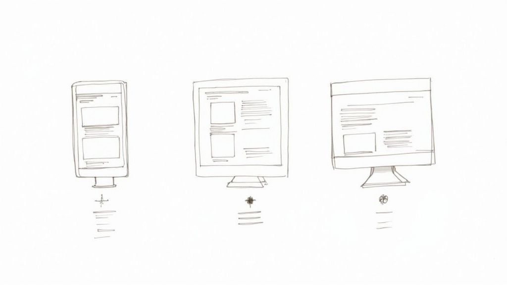 A sketch illustrating responsive web design, showing how a layout adapts across mobile, tablet, and desktop screens.