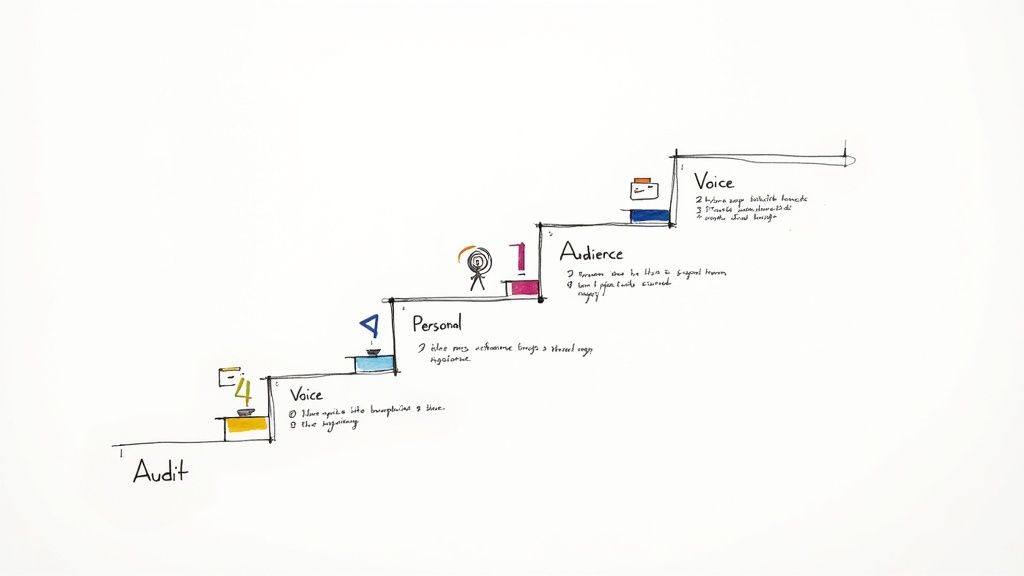 A hand-drawn staircase diagram outlines key steps for developing a brand voice, including audit, personal, and audience.