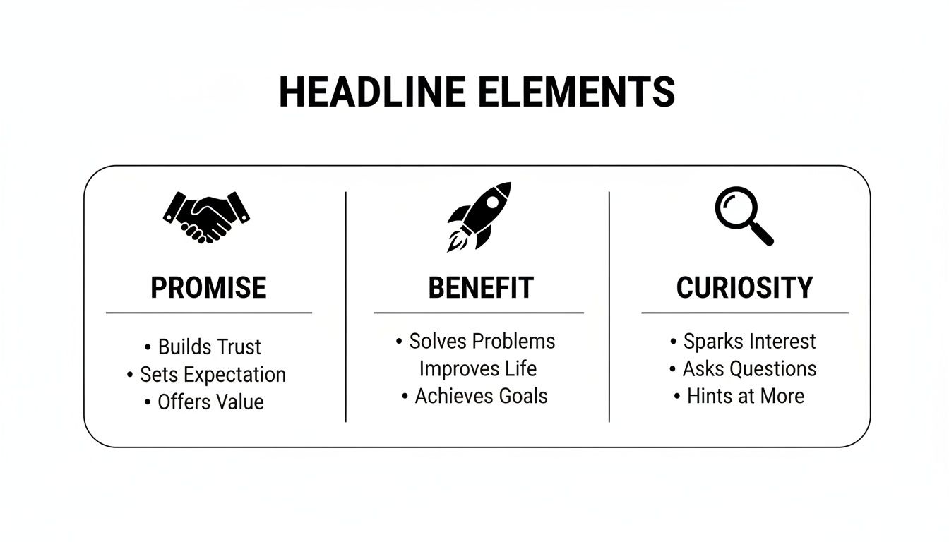 Visual guide outlining headline elements: promise, benefit, and curiosity, with key characteristics for each.