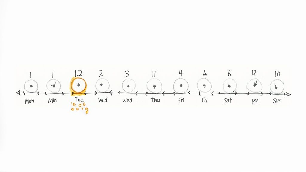 Hand-drawn timeline depicting daily schedule with multiple time points; 'Tuesday 12' is highlighted.
