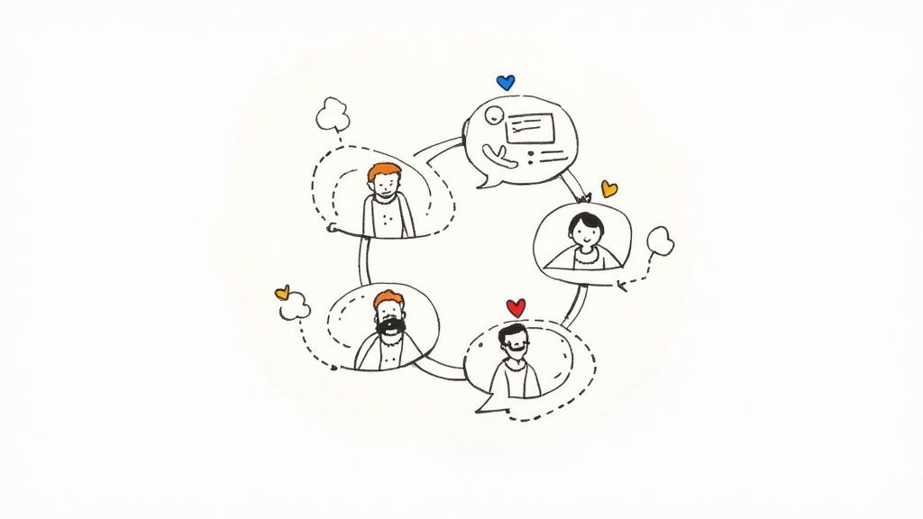 A group of diverse people engaging in a lively conversation, with social media icons floating around them.