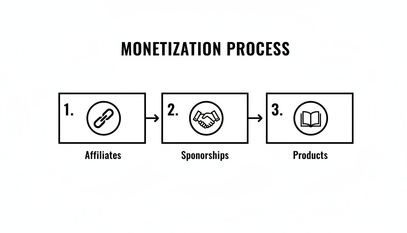 A diagram illustrating the three-step monetization process: Affiliates, Sponsorships, and Products with icons.