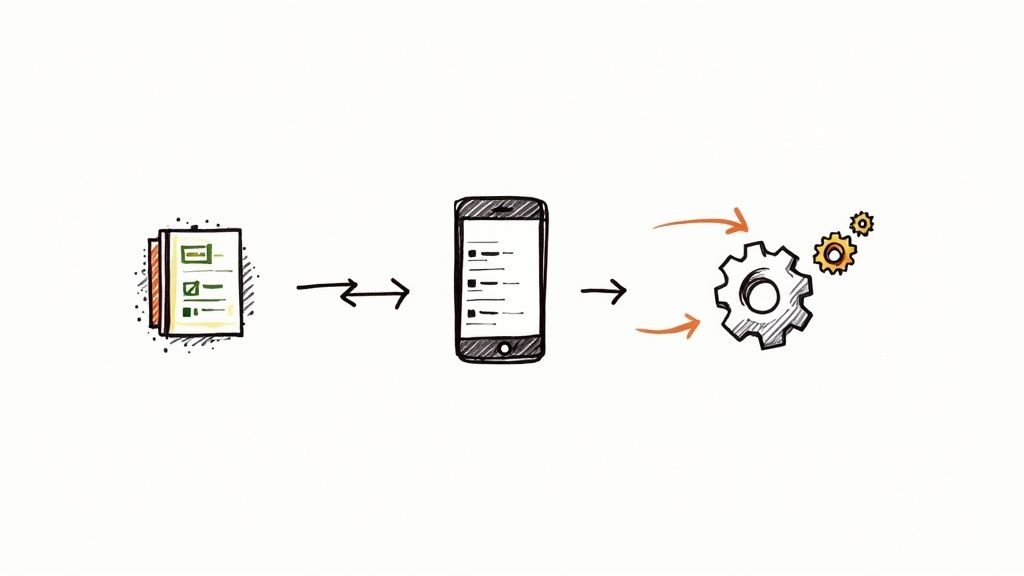 A person at a desk using a laptop and phone to manage a social media workflow.