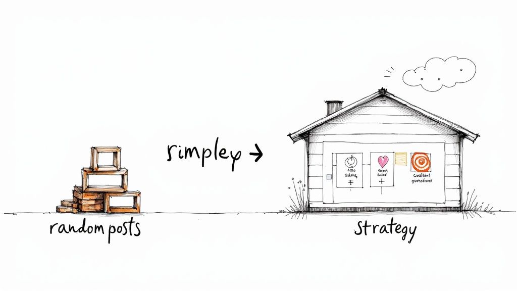 Illustration showing random social media posts transforming into a house representing a content strategy.