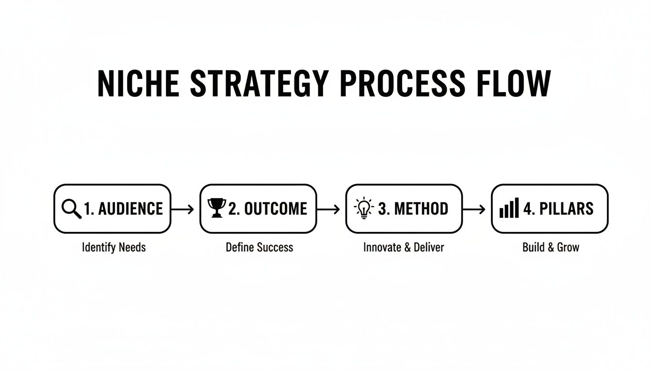 A clear diagram outlining a four-step niche strategy process: Audience, Outcome, Method, and Pillars.