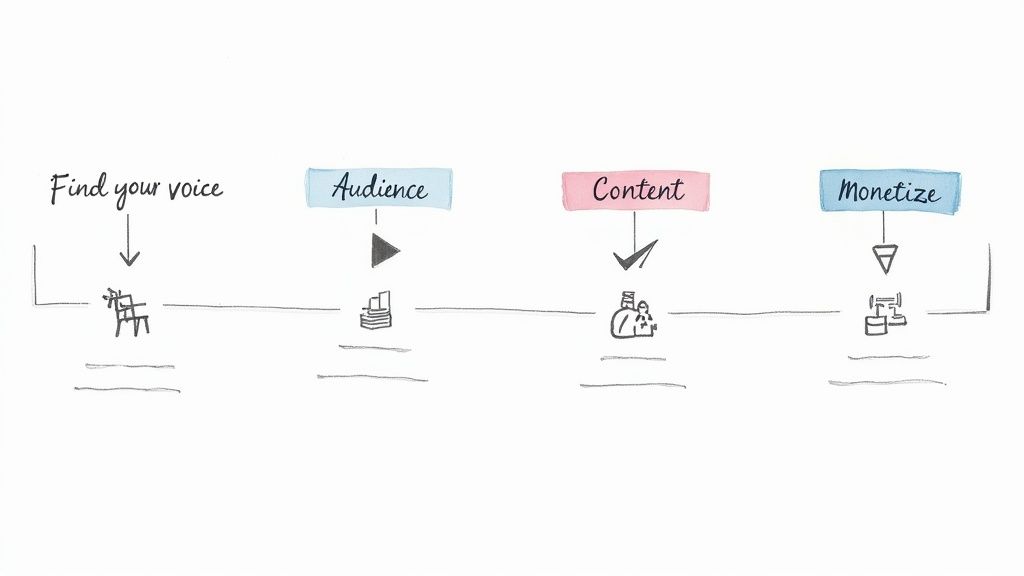 A four-step diagram illustrating the process of becoming an influencer: find your voice, audience, content, and monetize.