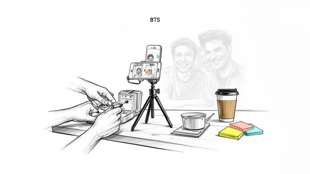 Hands craft a small object, filmed by two smartphones on a tripod, with smiling faces and supplies nearby.