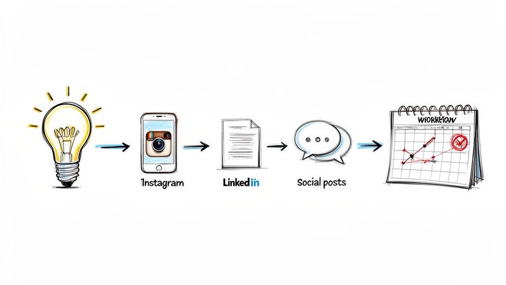 A social media marketing workflow from idea generation to content creation and scheduling across platforms like Instagram and LinkedIn.