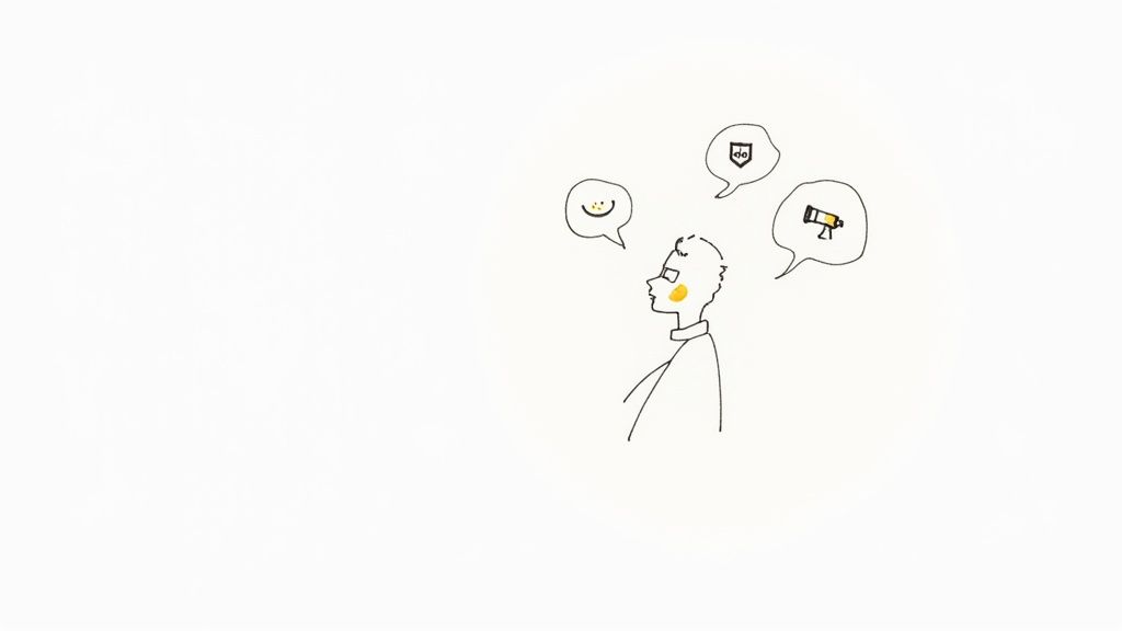 Illustration of a person with thought bubbles representing a brand's voice elements: happiness, identity, and communication.