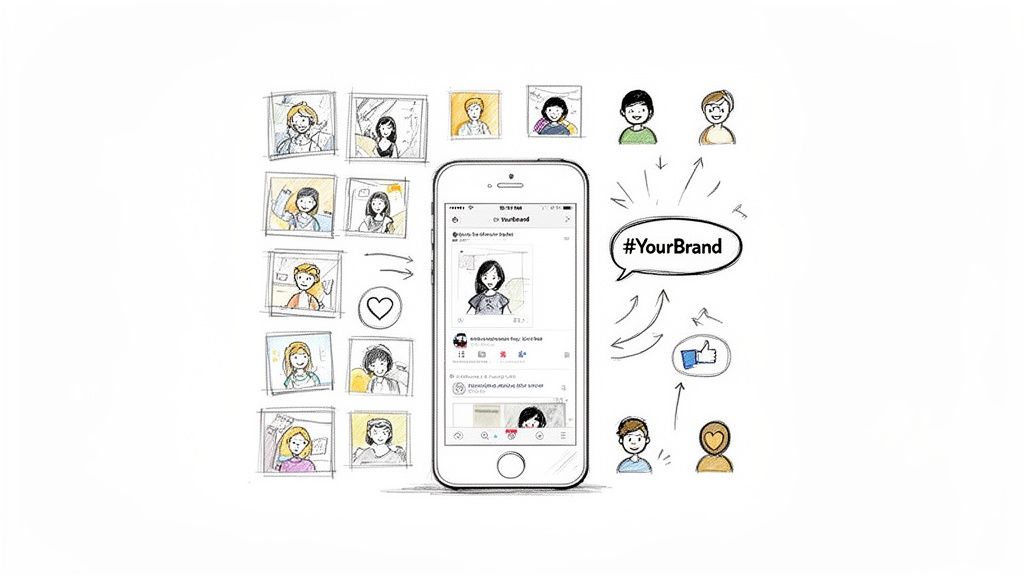 A smartphone displaying a social media feed surrounded by cartoon users, a #YourBrand hashtag, and engagement icons.