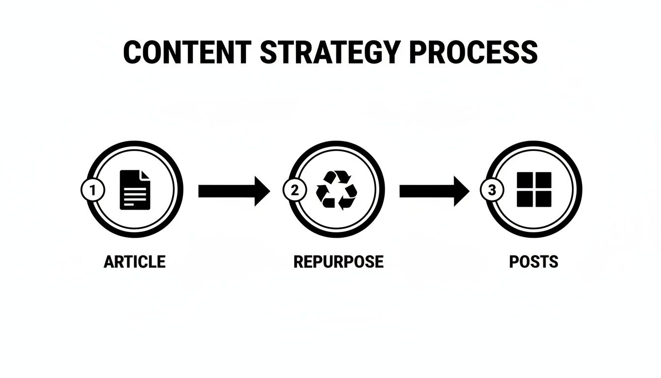 A content strategy process flow: article creation, content repurposing, and publishing posts.