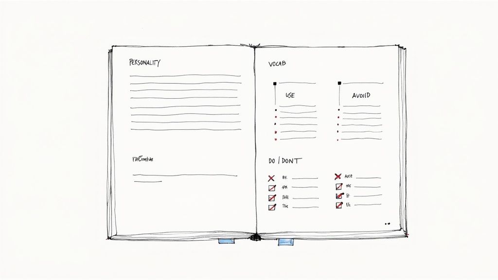 A hand-drawn sketch of an open notebook with sections for personality, vocabulary, and do/don't lists.