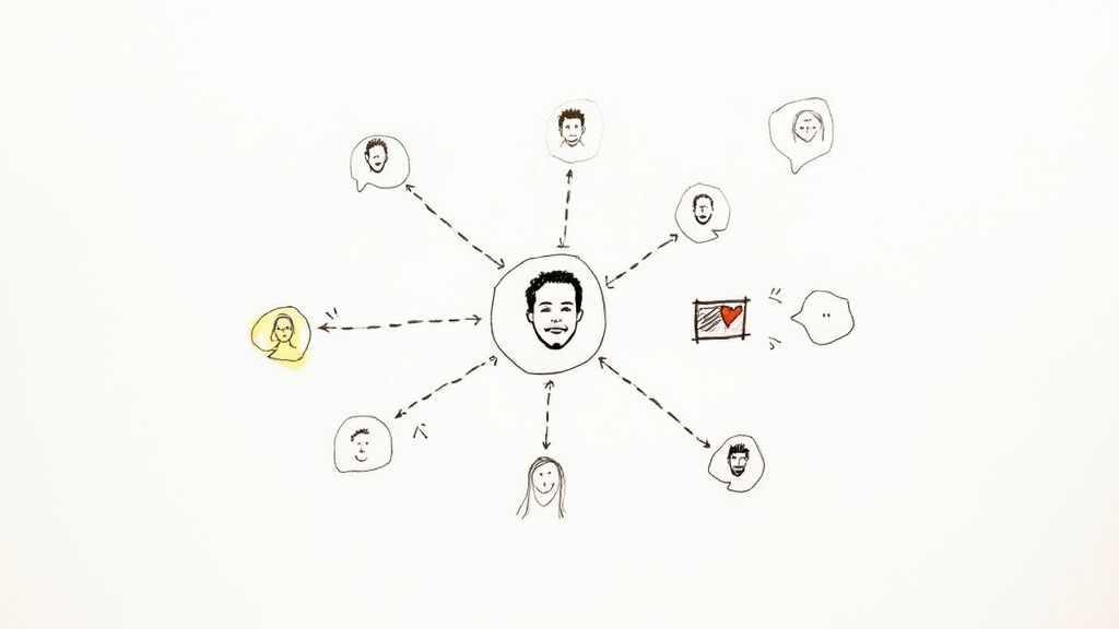 Network diagram showing person at center connected to multiple people through social media engagement