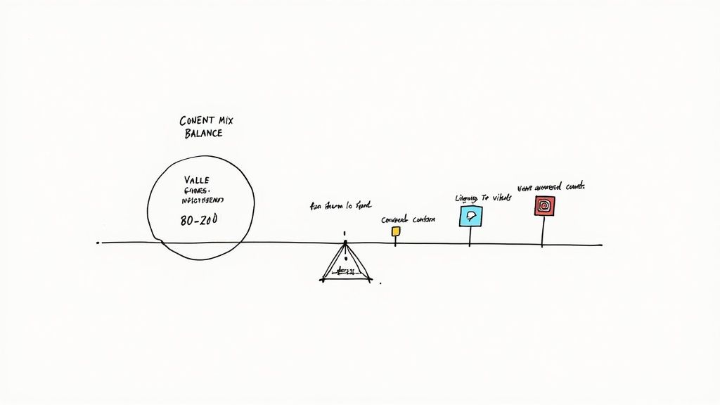 A hand-drawn diagram illustrating content mix balance on a seesaw with different content types and metrics.