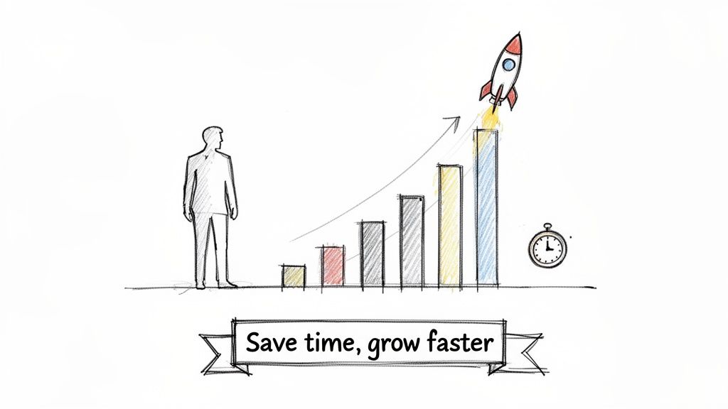 A sketch illustrating business growth with a bar graph, launching rocket, stopwatch, and 'Save time, grow faster' message.