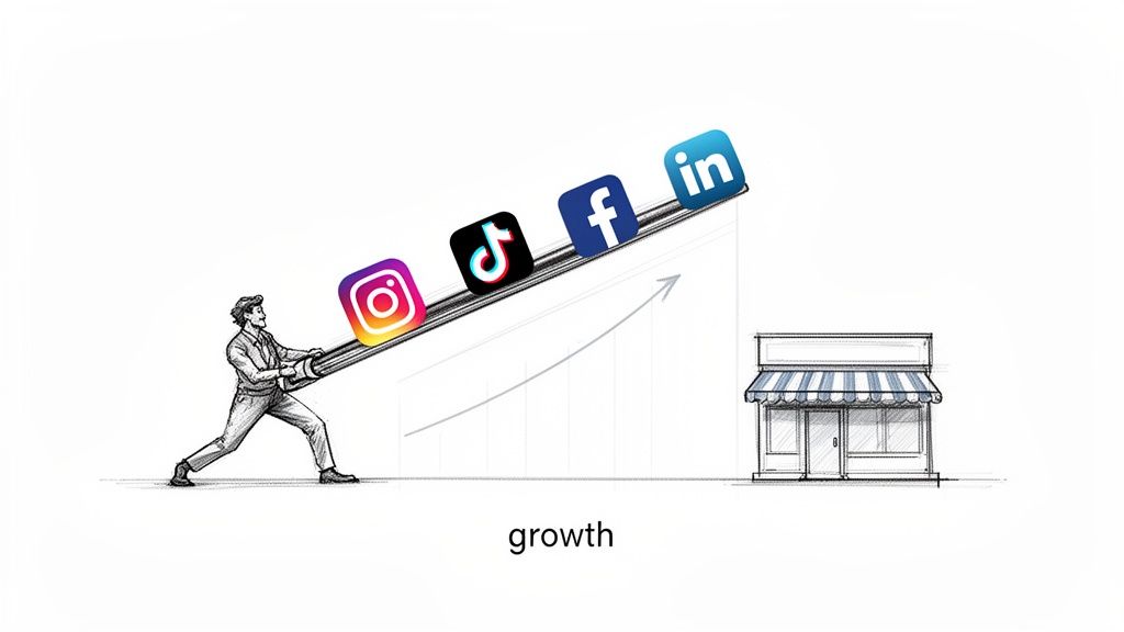 Man pushes social media platforms (Instagram, TikTok, Facebook, LinkedIn) on a lever to lift a business, symbolizing growth.
