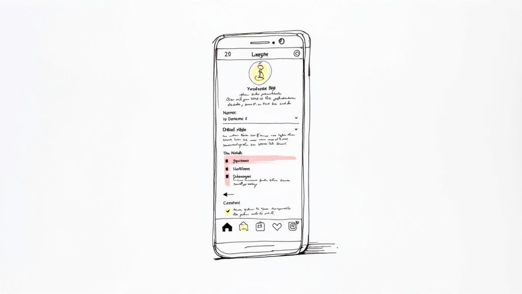 A person's hand holding a smartphone displaying an Instagram profile page.