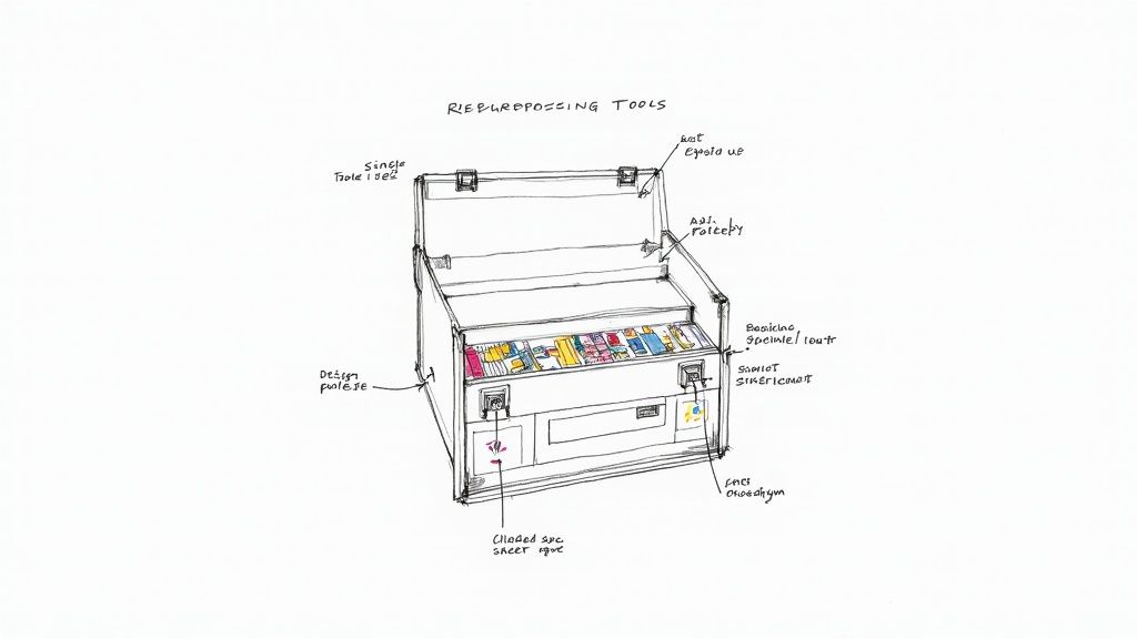 A detailed sketch of an open 'repurposing tools' kit with various labeled components inside.