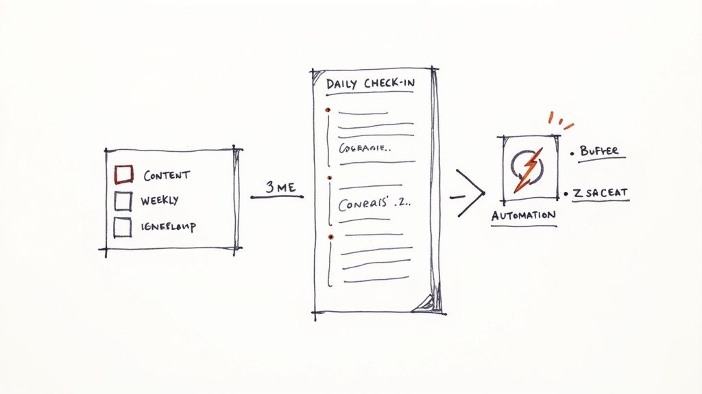 Hand-drawn workflow diagram showing content, weekly tasks, and a daily check-in leading to automation with buffer.