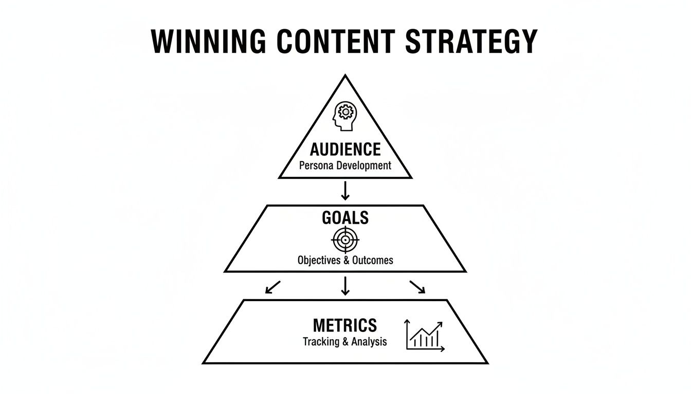 A pyramid diagram illustrating a winning content strategy, starting with audience, then goals, and finally metrics for analysis.