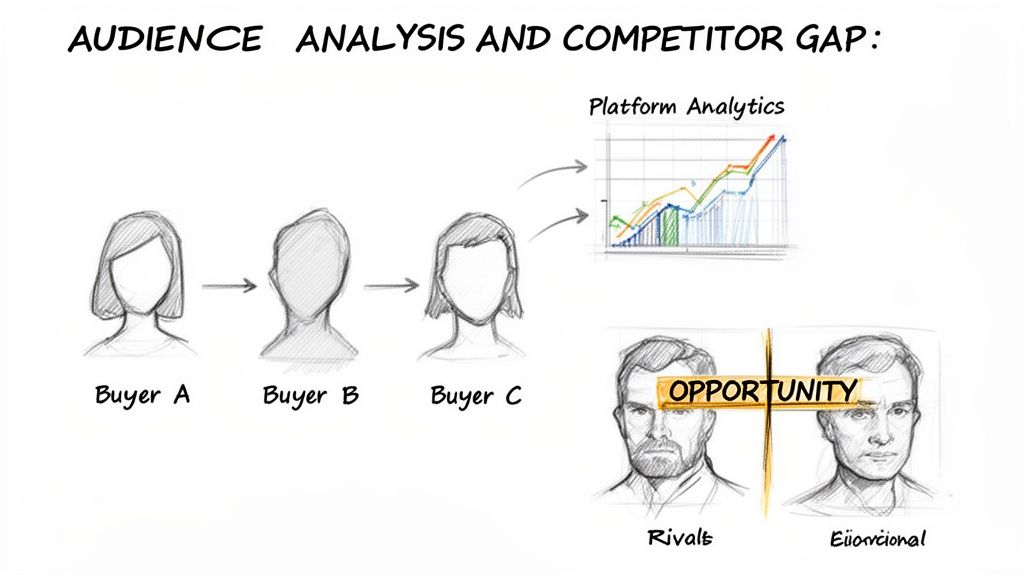 Diagram showing audience analysis with buyer types, platform analytics, and identifying competitor gap opportunity.